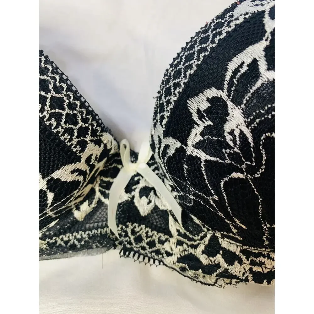 Rene Rofa Bra Underwire Padded 34B Black Beige Floral Lace Pushup Sexy Used - Picture 11 of 12